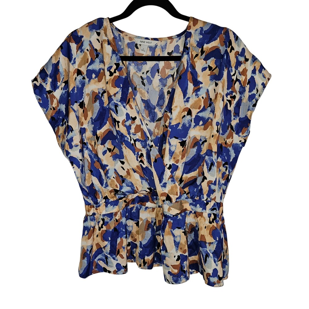 Nine West Blue Abstract Painterly Peplum Wrap Blouse L Abstract Flowy Top
